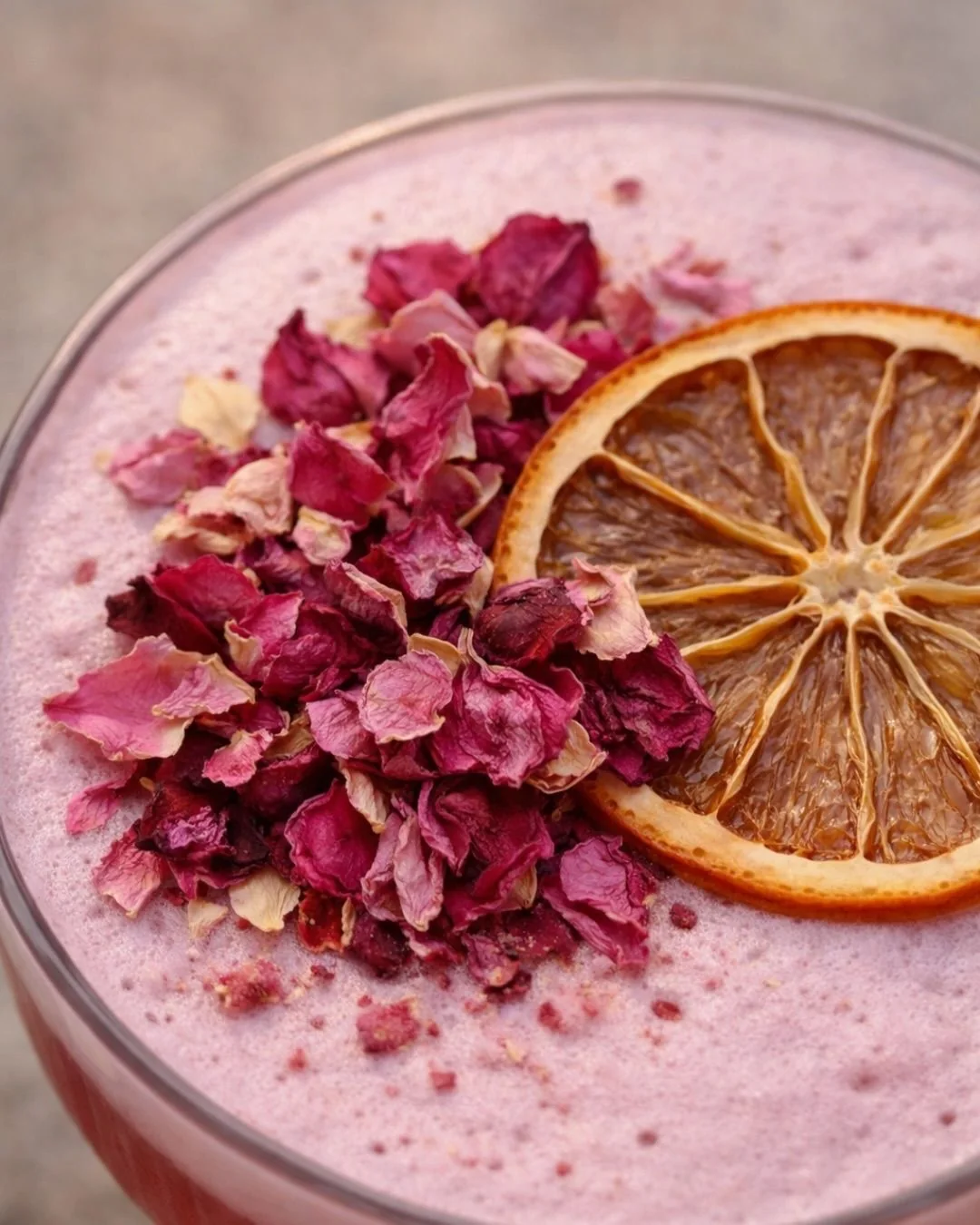 Cocktail garni d’une tranche d’orange déshydratée et de fleurs